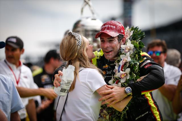 Simon Pagenaud celebrates with the 500 Festival Princess in Victory Circle after winning the 103rd Running of the Indianapolis 500 presented by Gainbridge -- Photo by: Shawn Gritzmacher