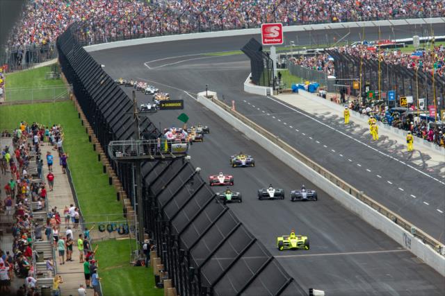 Simon Pagenaud leads a restart during the 2019 Indianapolis 500. -- Photo by: Stephen King