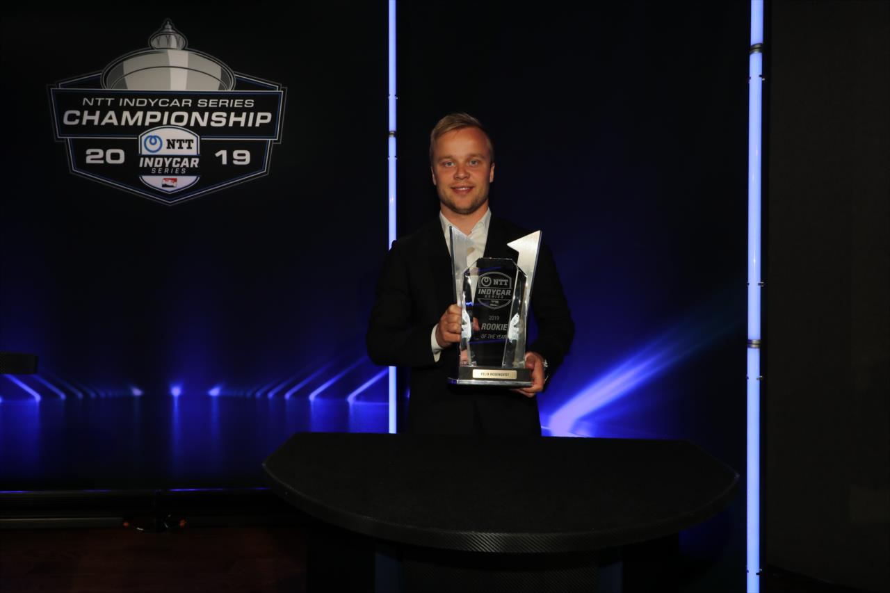 Felix Rosenqvist with his 2019 Rookie of the Year trophy during the Victory Lap Celebration at Union 50 in downtown Indianapolis -- Photo by: Chris Owens