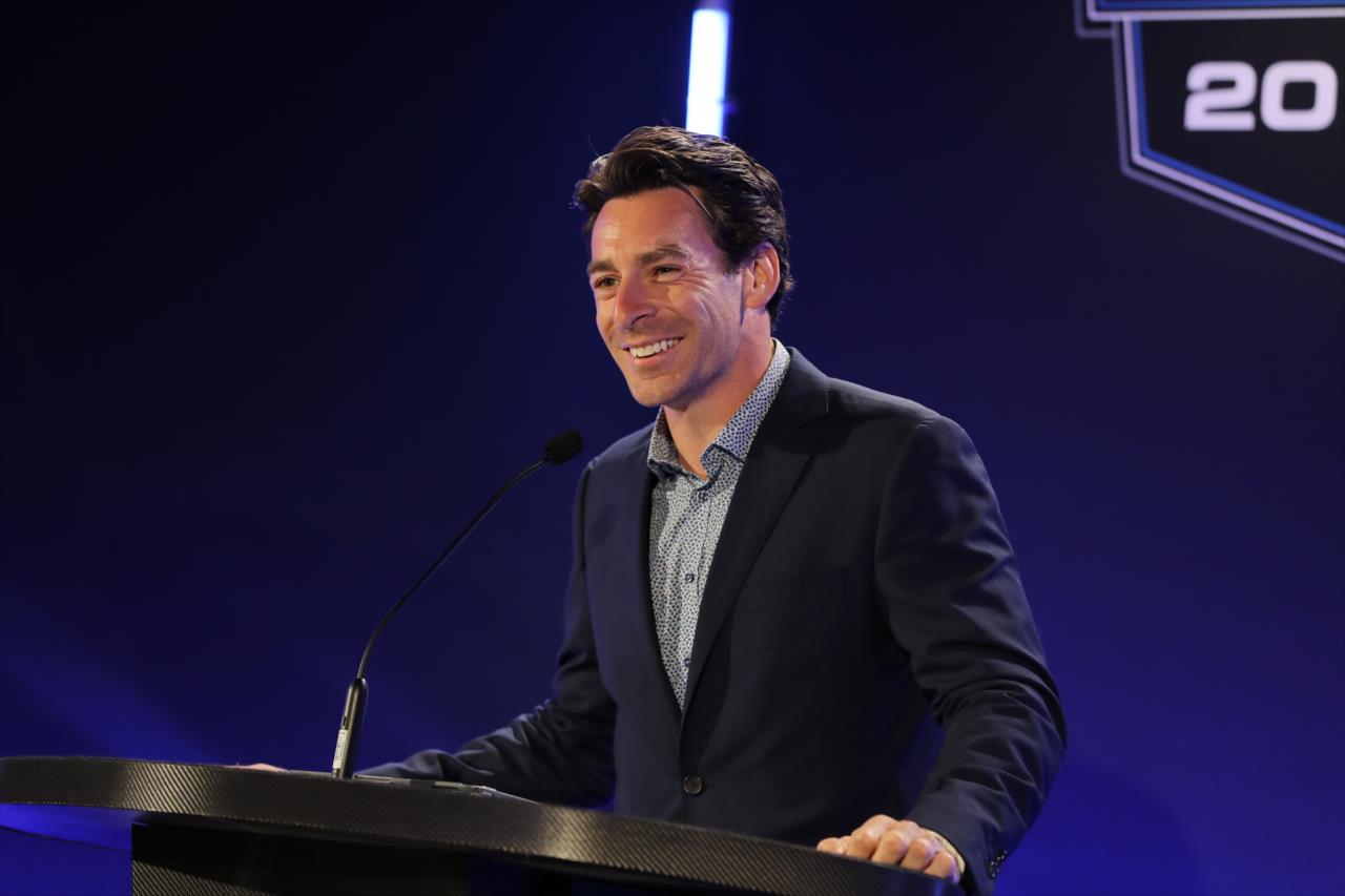 Simon Pagenaud addresses the audience during the Victory Lap Celebration at Union 50 in downtown Indianapolis -- Photo by: Chris Owens
