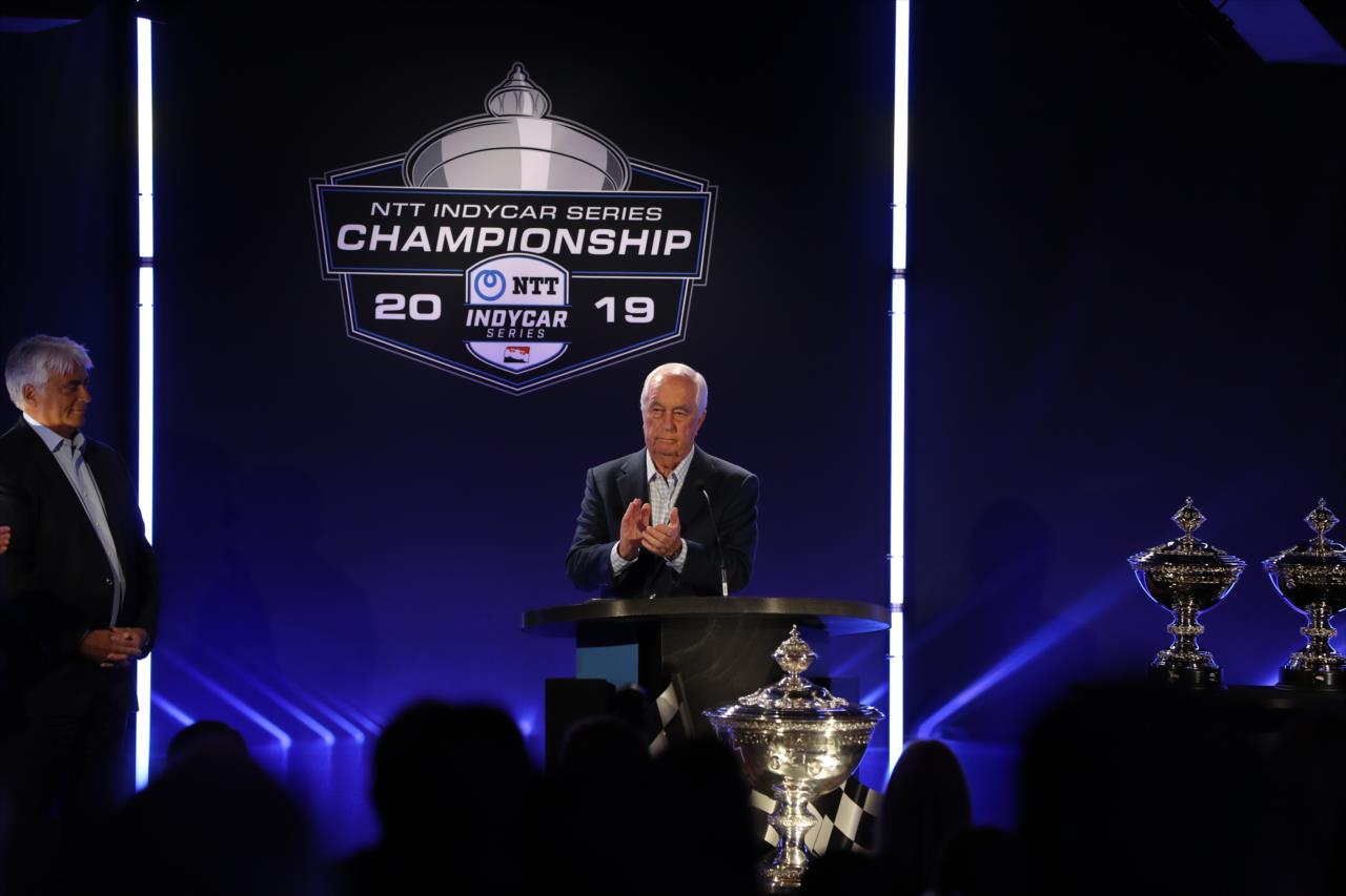 Roger Penske at the dais during the Victory Lap Celebration at Union 50 in downtown Indianapolis -- Photo by: Chris Owens