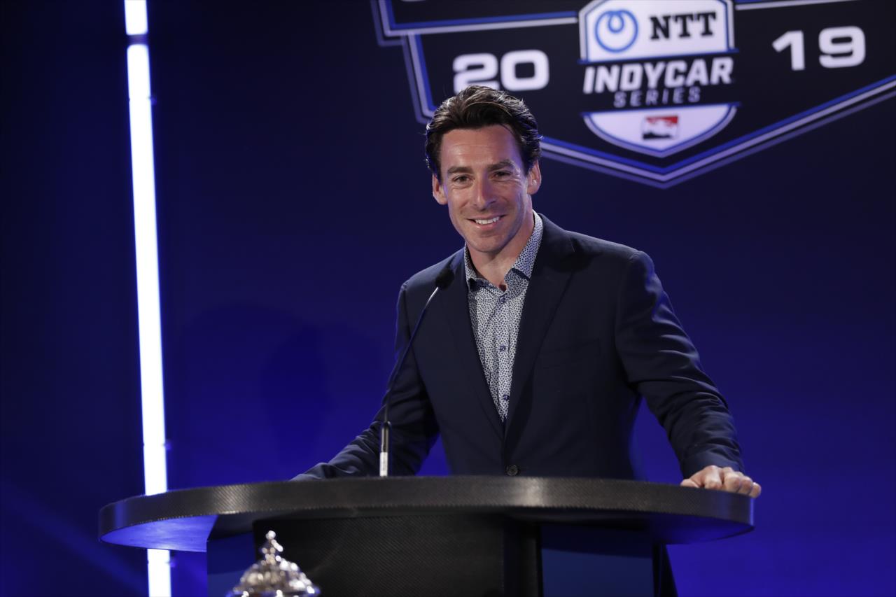 2019 NTT IndyCar Series championship runner-up Simon Pagenaud addresses the audience during the Victory Lap Celebration at Union 50 in downtown Indianapolis -- Photo by: Joe Skibinski