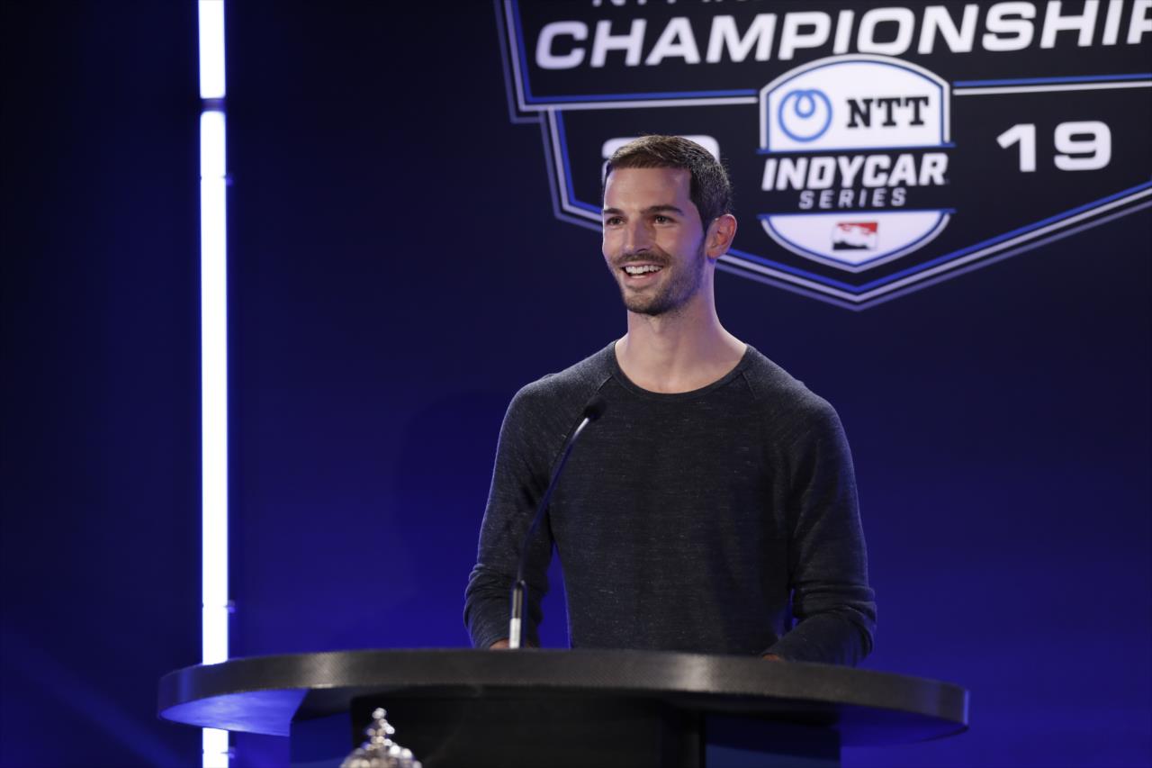 Alexander Rossi on stage during the Victory Lap Celebration at Union 50 in downtown Indianapolis -- Photo by: Joe Skibinski