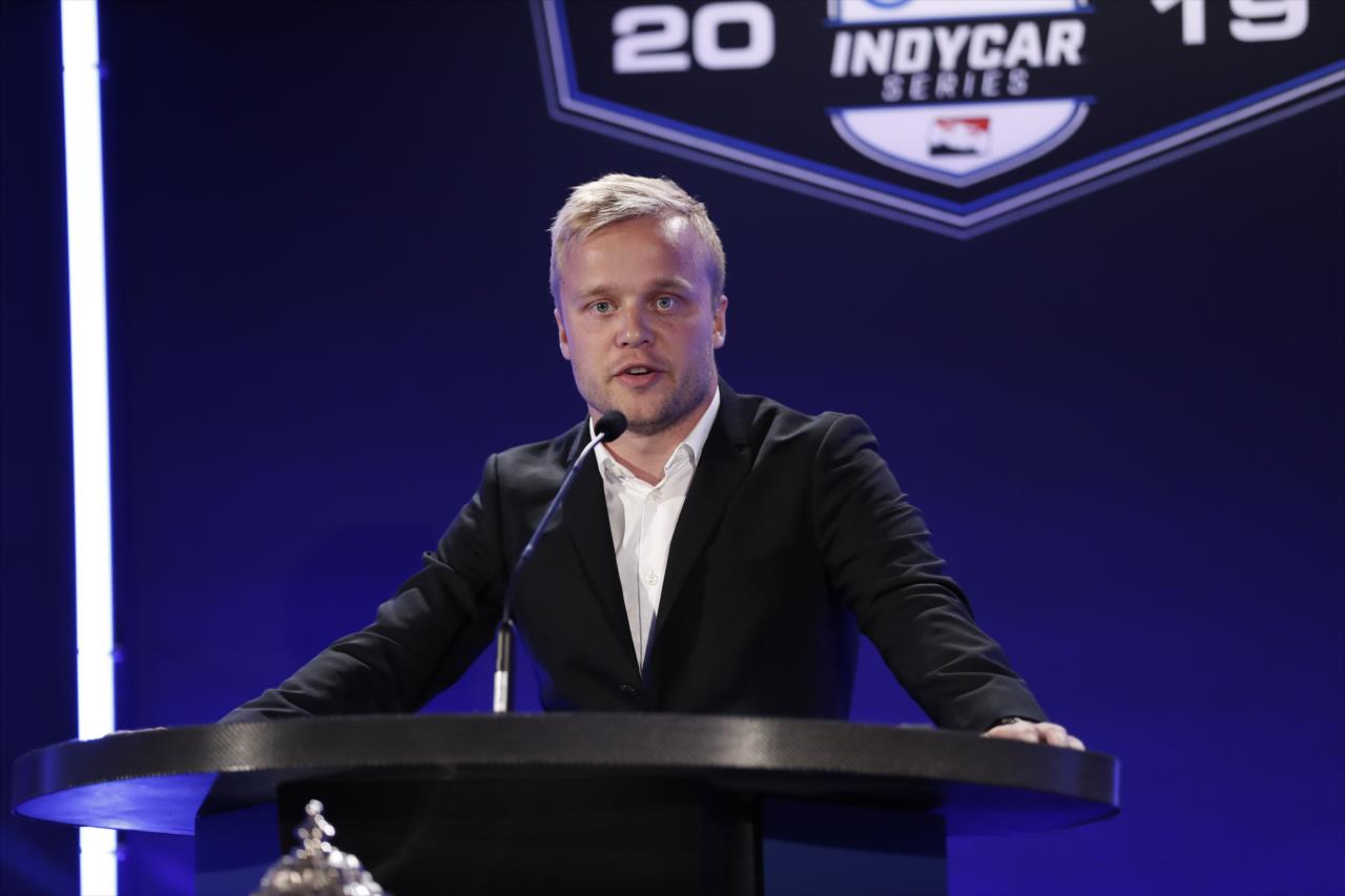 2019 Rookie of the Year Felix Rosenqvist addresses the audience during the Victory Lap Celebration at Union 50 in downtown Indianapolis -- Photo by: Joe Skibinski