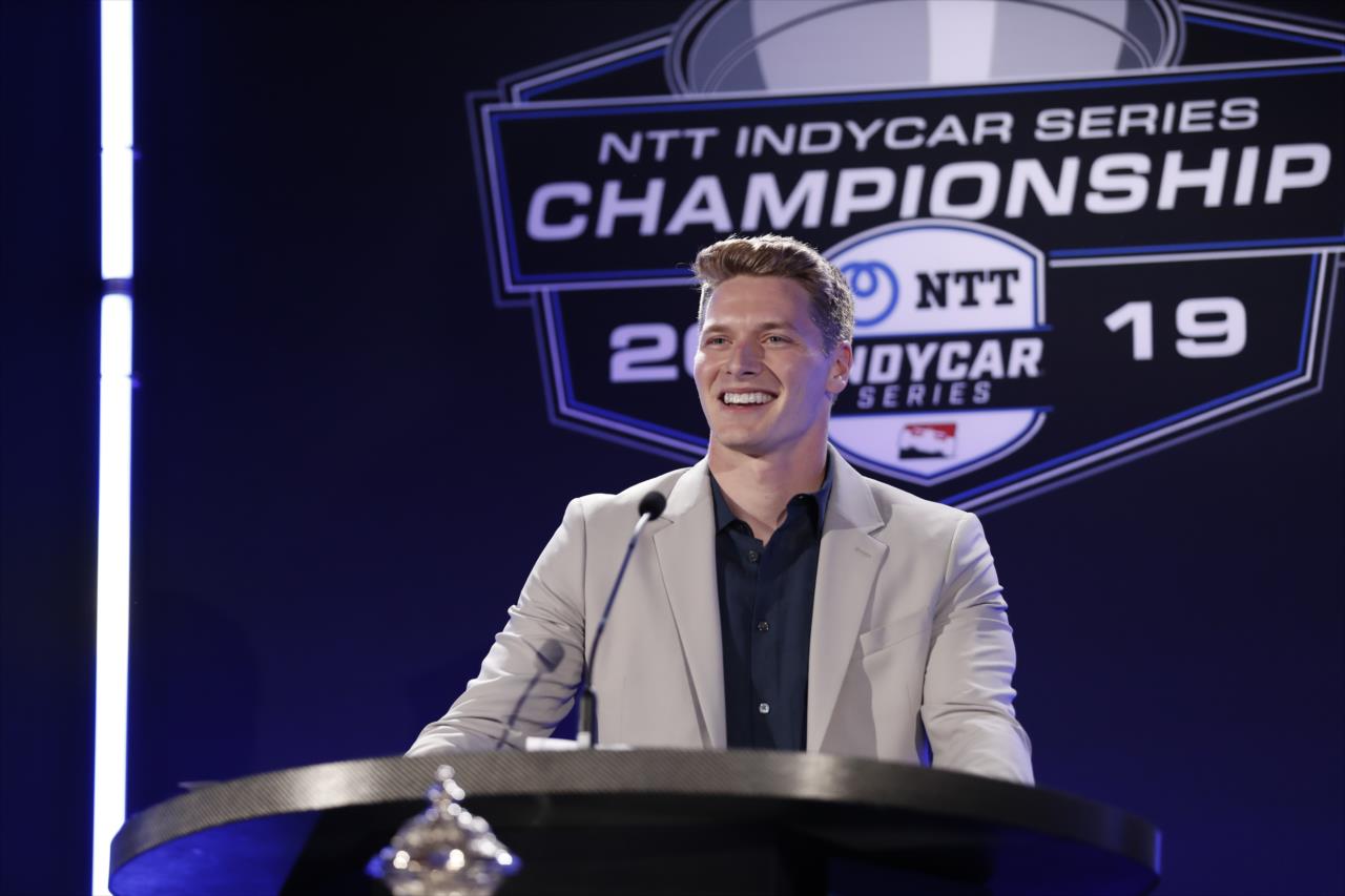 2019 NTT IndyCar Series Champion Josef Newgarden on stage during the Victory Lap Celebration at Union 50 in downtown Indianapolis -- Photo by: Joe Skibinski