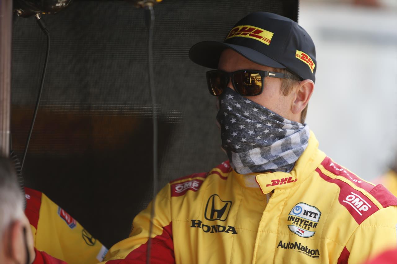 Ryan Hunter-Reay waits in his pit stand prior to practice for the GMR Grand Prix on the Indianapolis Motor Speedway Road Course -- Photo by: Chris Jones
