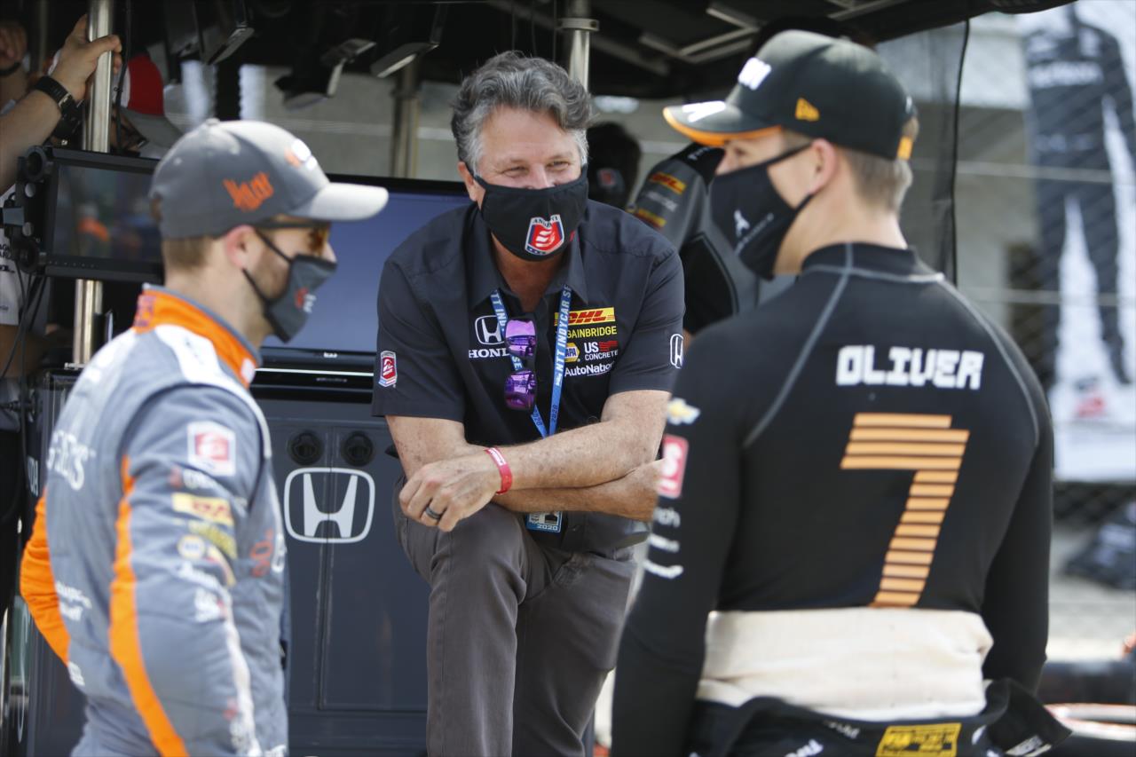 Oliver Askew and James Hinchcliffe chat with Michael Andretti on pit lane prior to practice for the GMR Grand Prix on the Indianapolis Motor Speedway Road Course -- Photo by: Chris Jones