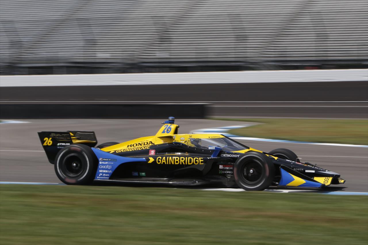 Zach Veach sets up for Turn 3 during qualifications for the GMR Grand Prix on the Indianapolis Motor Speedway Road Course -- Photo by: Chris Jones