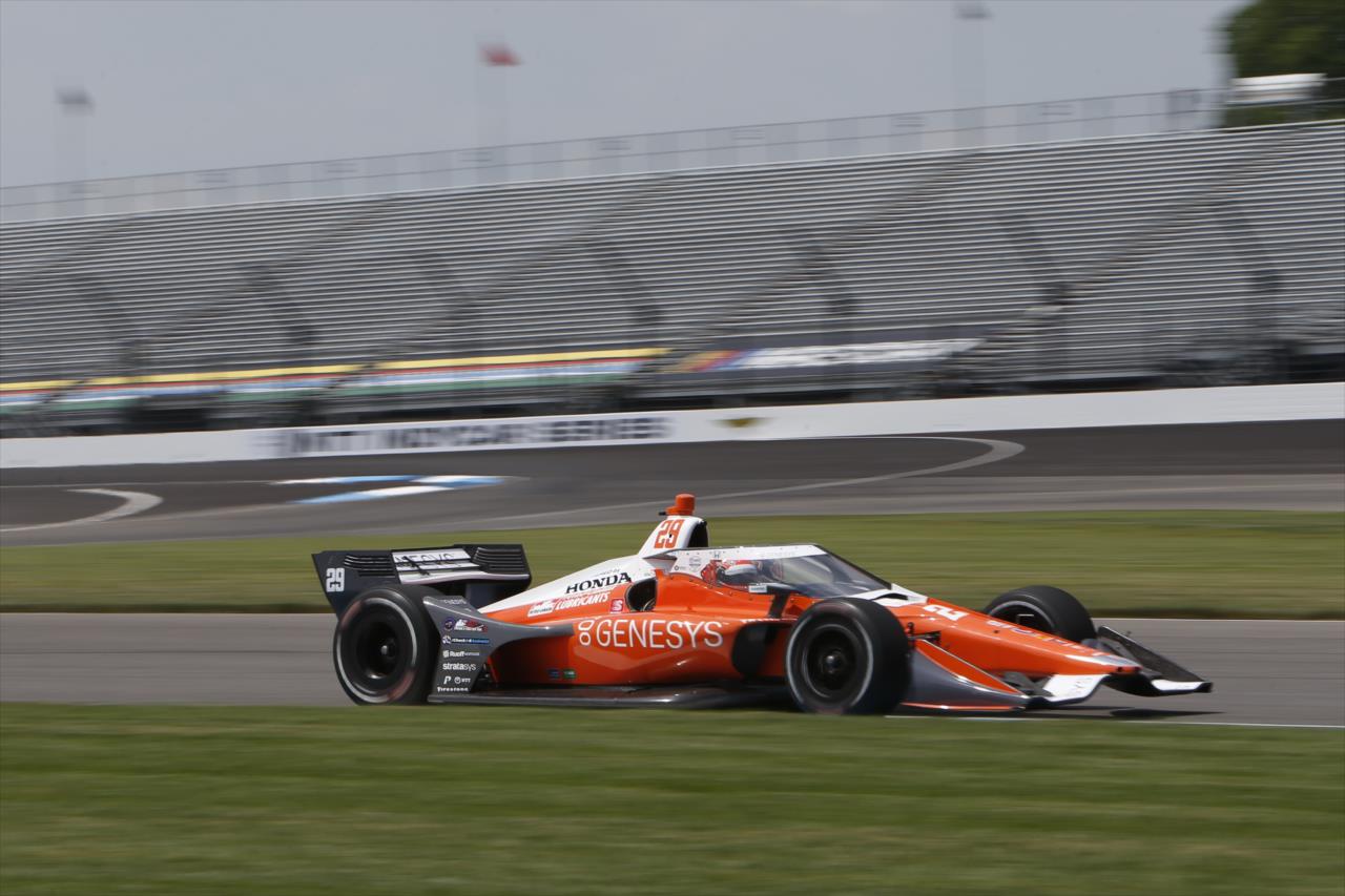 James Hinchcliffe sets up for Turn 3 during qualifications for the GMR Grand Prix on the Indianapolis Motor Speedway Road Course -- Photo by: Chris Jones