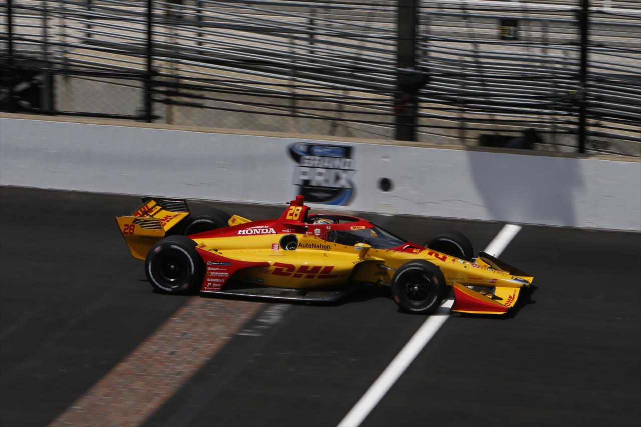 Ryan Hunter-Reay flashes across the yard of bricks during qualifications for the GMR Grand Prix on the Indianapolis Motor Speedway Road Course -- Photo by: Chris Jones