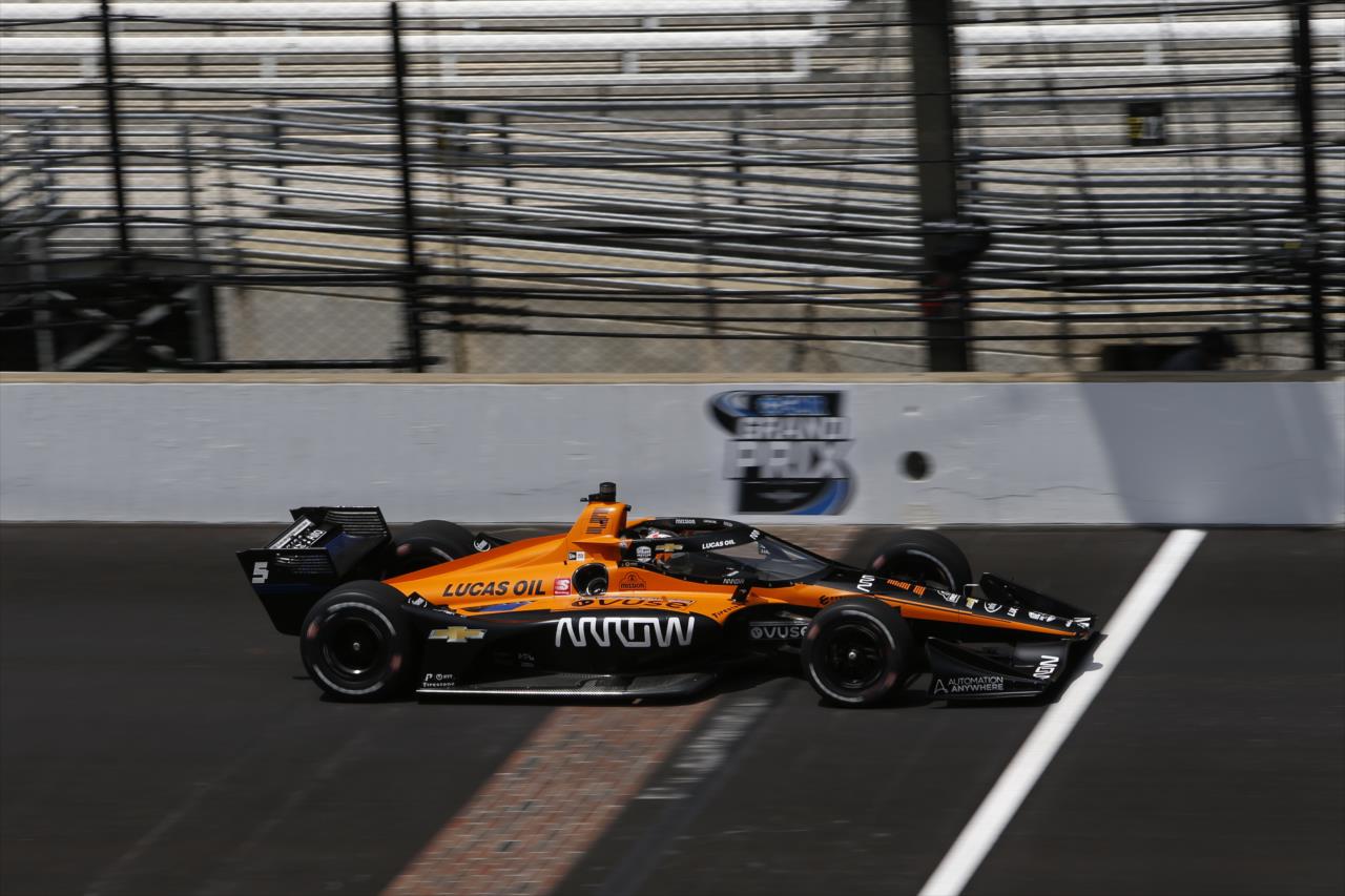 Pato O'Ward flashes across the yard of bricks during qualifications for the GMR Grand Prix on the Indianapolis Motor Speedway Road Course -- Photo by: Chris Jones
