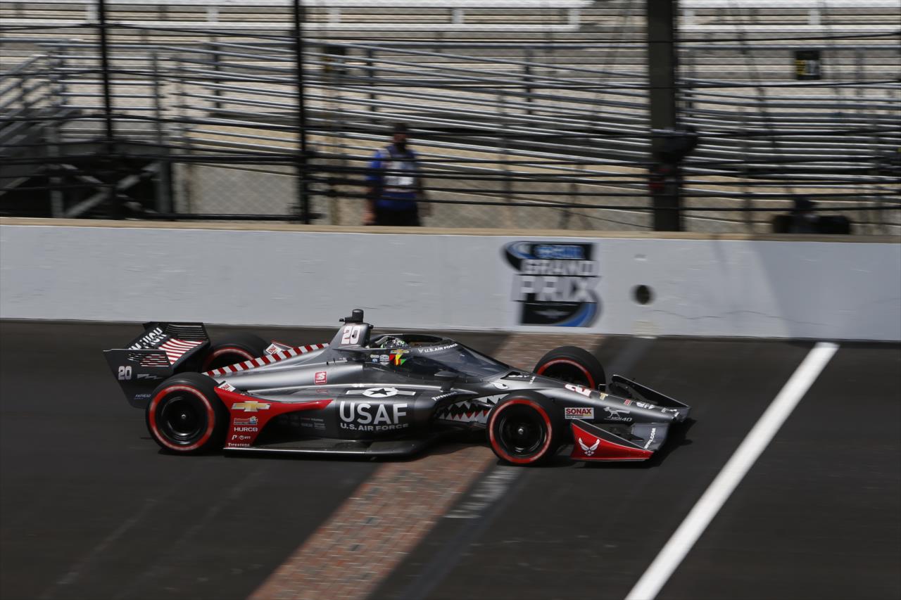 Conor Daly flashes across the yard of bricks during qualifications for the GMR Grand Prix on the Indianapolis Motor Speedway Road Course -- Photo by: Chris Jones