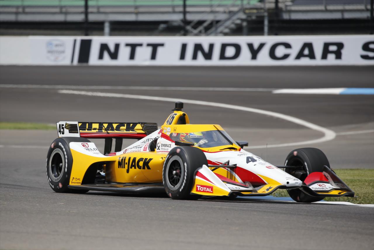 Spencer Pigot shoots into Turn 2 during practice for the GMR Grand Prix on the Indianapolis Motor Speedway Road Course -- Photo by: Chris Jones