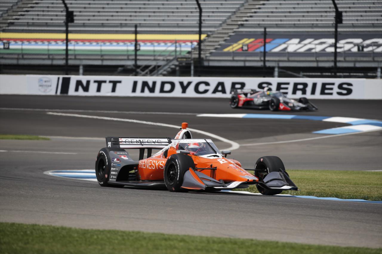 James Hinchcliffe shoots through Turn 2 during practice for the GMR Grand Prix on the Indianapolis Motor Speedway Road Course -- Photo by: Chris Jones