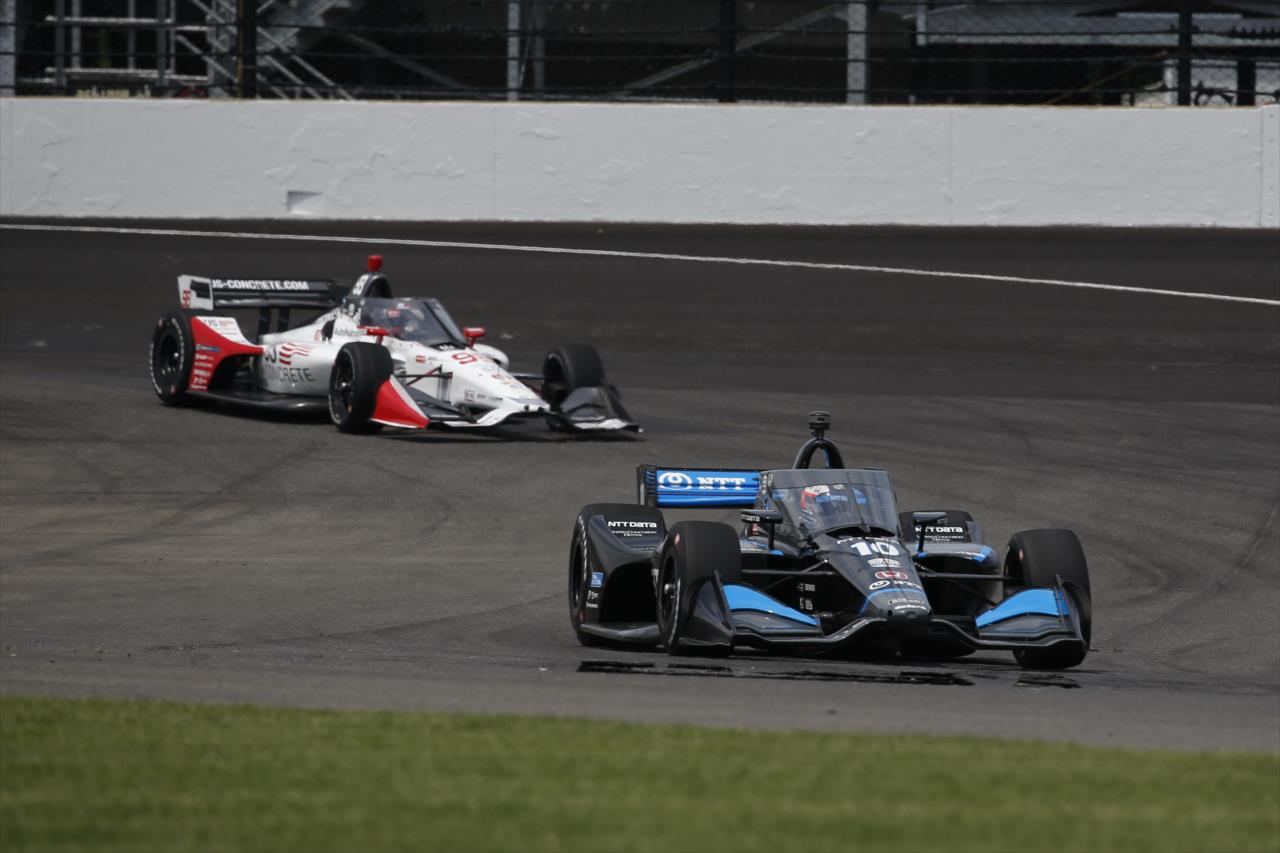Felix Rosenqvist and Marco Andretti race through Turns 1-2 during practice for the GMR Grand Prix on the Indianapolis Motor Speedway Road Course -- Photo by: Chris Jones