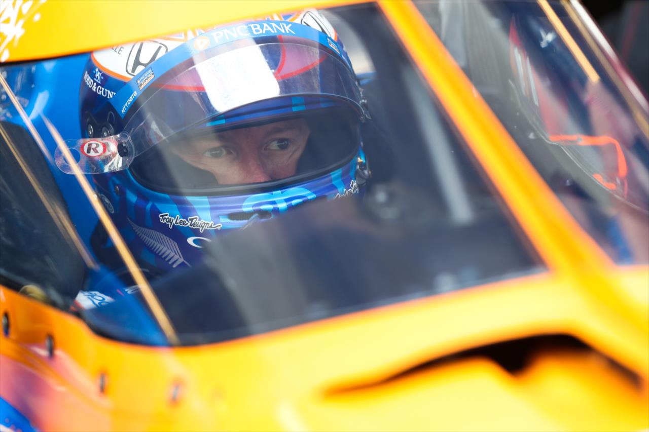 Scott Dixon sits in his No. 9 PNC Bank Honda on pit lane prior to practice for the GMR Grand Prix on the Indianapolis Motor Speedway Road Course -- Photo by: Chris Owens