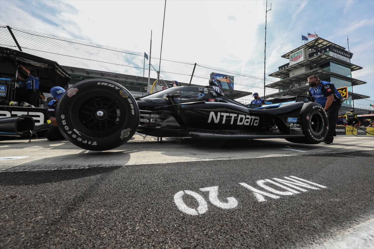 The No. 10 NTT DATA Honda of Felix Rosenqvist sits on pit lane prior to practice for the GMR Grand Prix on the Indianapolis Motor Speedway Road Course -- Photo by: Chris Owens