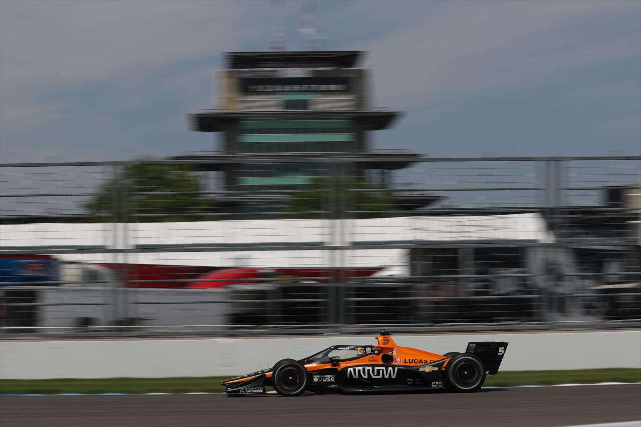 Pato O'Ward shoots down the Hulman Boulevard backstretch during practice for the GMR Grand Prix on the Indianapolis Motor Speedway Road Course -- Photo by: Chris Owens