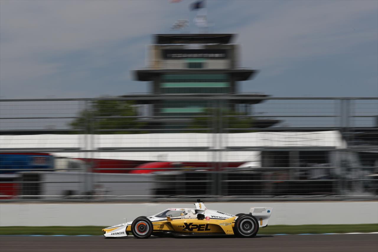 Josef Newgarden shoots down the Hulman Boulevard backstretch during practice for the GMR Grand Prix on the Indianapolis Motor Speedway Road Course -- Photo by: Chris Owens