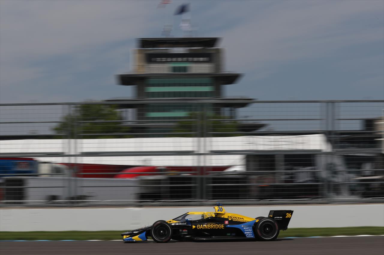 Zach Veach shoots down the Hulman Boulevard backstretch during practice for the GMR Grand Prix on the Indianapolis Motor Speedway Road Course -- Photo by: Chris Owens