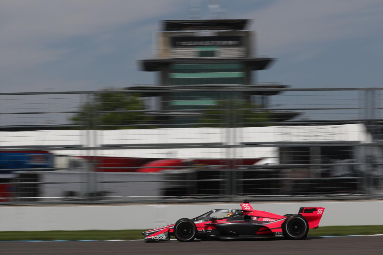 Alex Palou shoots down the Hulman Boulevard backstretch during practice for the GMR Grand Prix on the Indianapolis Motor Speedway Road Course -- Photo by: Chris Owens