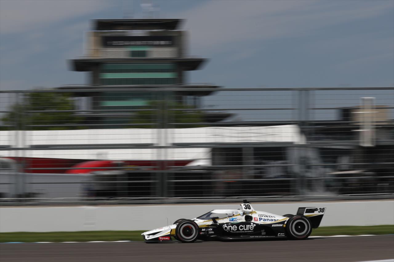 Takuma Sato shoots down the Hulman Boulevard backstretch during practice for the GMR Grand Prix on the Indianapolis Motor Speedway Road Course -- Photo by: Chris Owens