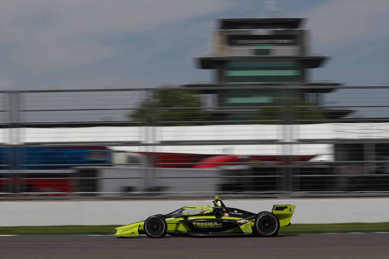 Charlie Kimball shoots down the Hulman Boulevard backstretch during practice for the GMR Grand Prix on the Indianapolis Motor Speedway Road Course -- Photo by: Chris Owens