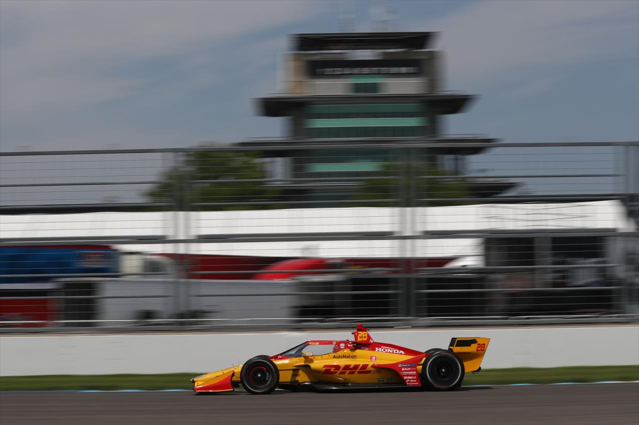 Ryan Hunter-Reay shoots down the Hulman Boulevard backstretch during practice for the GMR Grand Prix on the Indianapolis Motor Speedway Road Course -- Photo by: Chris Owens