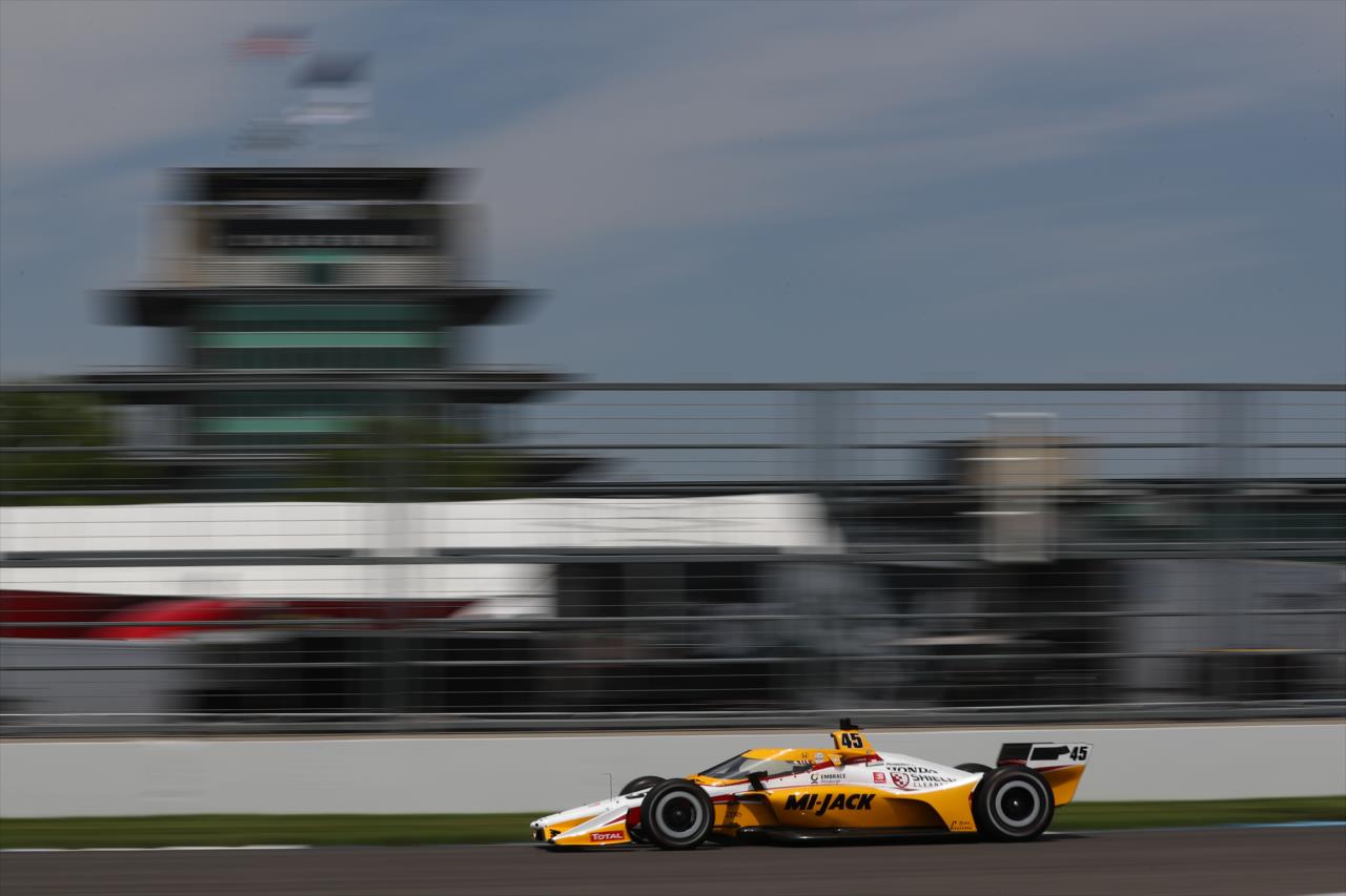Spencer Pigot shoots down the Hulman Boulevard backstretch during practice for the GMR Grand Prix on the Indianapolis Motor Speedway Road Course -- Photo by: Chris Owens