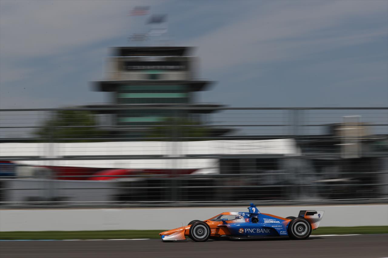 Scott Dixon shoots down the Hulman Boulevard backstretch during practice for the GMR Grand Prix on the Indianapolis Motor Speedway Road Course -- Photo by: Chris Owens