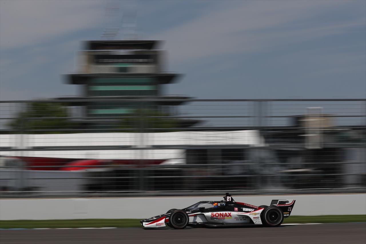 Rinus VeeKay shoots down the Hulman Boulevard backstretch during practice for the GMR Grand Prix on the Indianapolis Motor Speedway Road Course -- Photo by: Chris Owens
