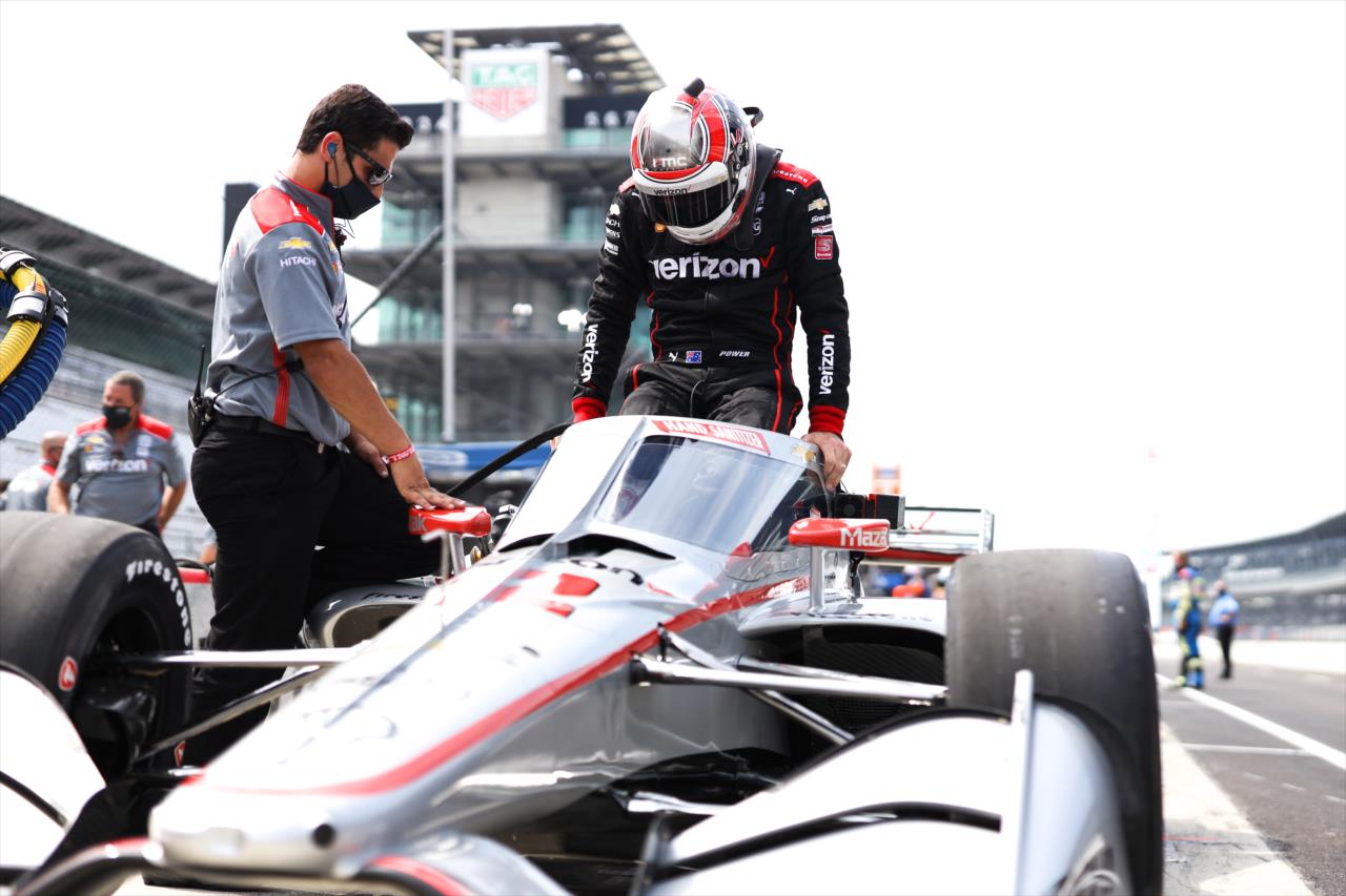 Will Power slides into his No. 12 Verizon Chevrolet on pit lane prior to practice for the GMR Grand Prix on the Indianapolis Motor Speedway Road Course -- Photo by: Chris Owens