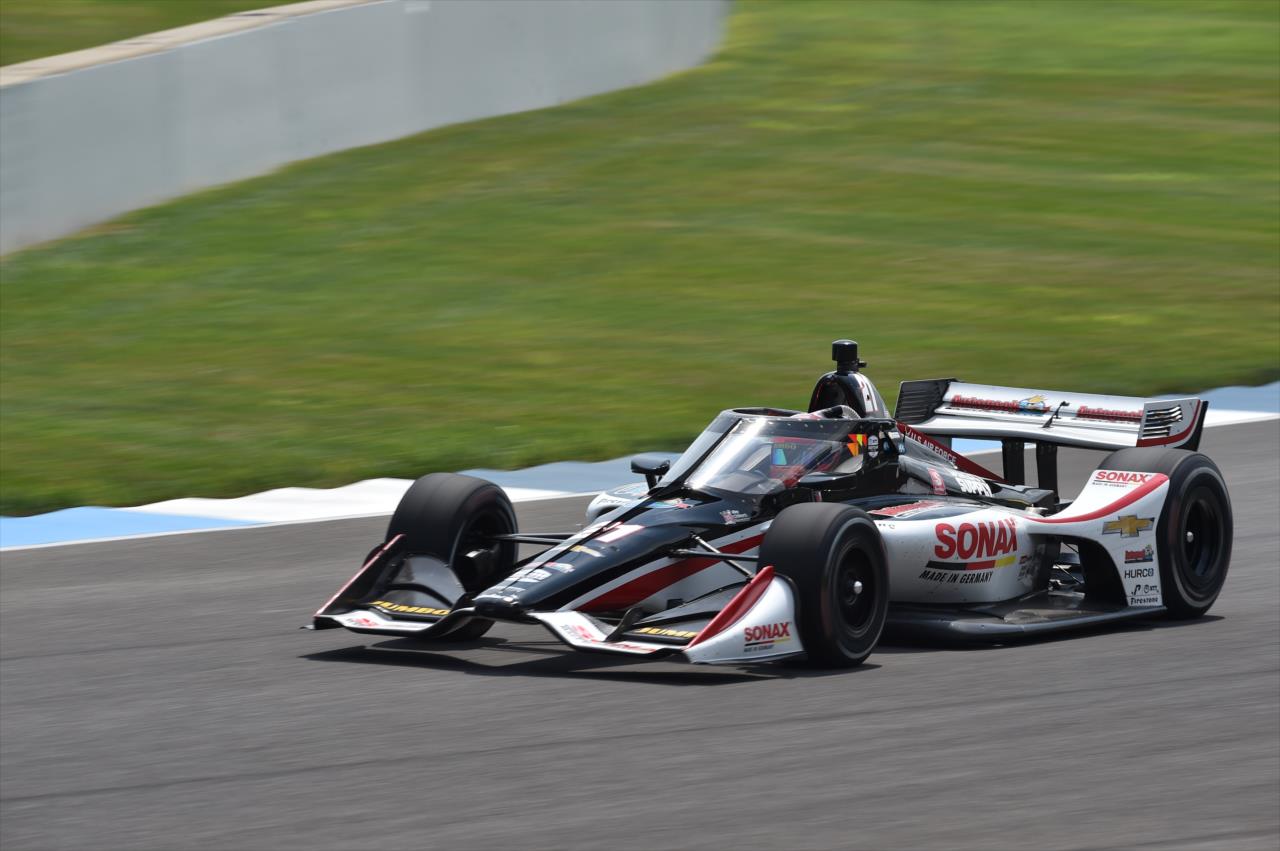 Rinus VeeKay sails into Turn 3 during practice for the GMR Grand Prix on the Indianapolis Motor Speedway Road Course -- Photo by: John Cote