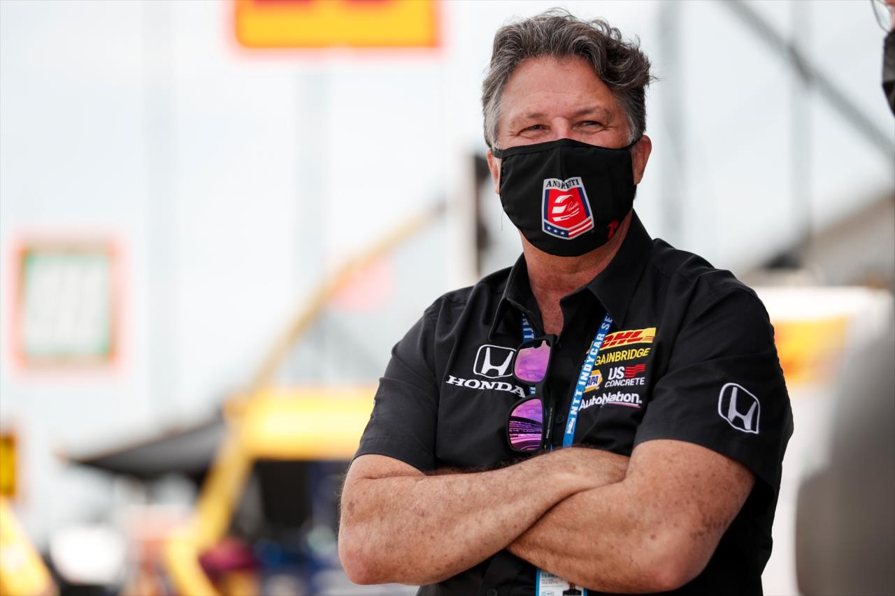 Team Owner Michael Andretti looks down pit lane during practice for the GMR Grand Prix on the Indianapolis Motor Speedway Road Course -- Photo by: Joe Skibinski