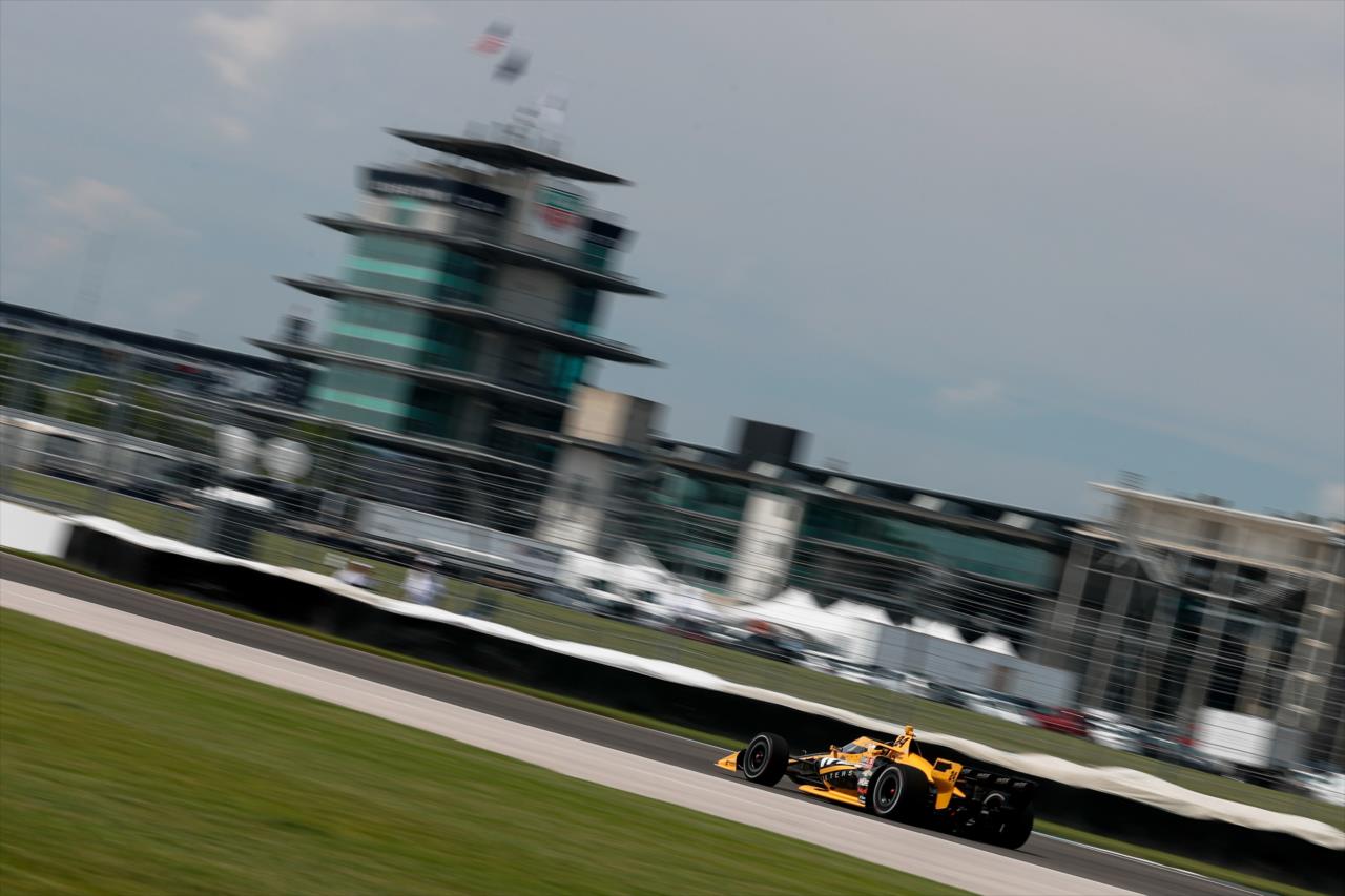 Sage Karam streaks down the Hulman Boulevard backstretch during practice for the GMR Grand Prix on the Indianapolis Motor Speedway Road Course -- Photo by: Joe Skibinski