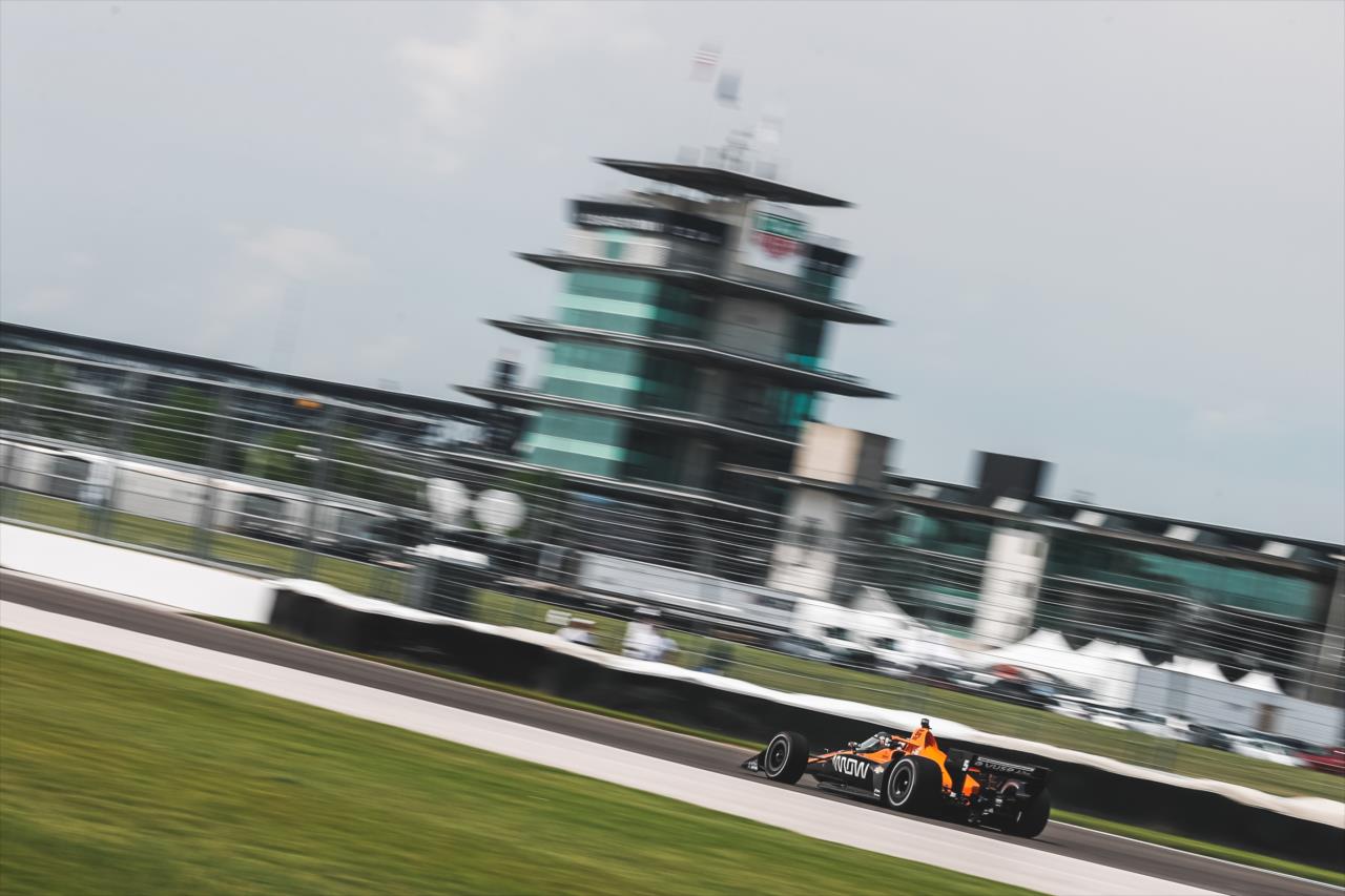 Pato O'Ward streaks down the Hulman Boulevard backstretch during practice for the GMR Grand Prix on the Indianapolis Motor Speedway Road Course -- Photo by: Joe Skibinski