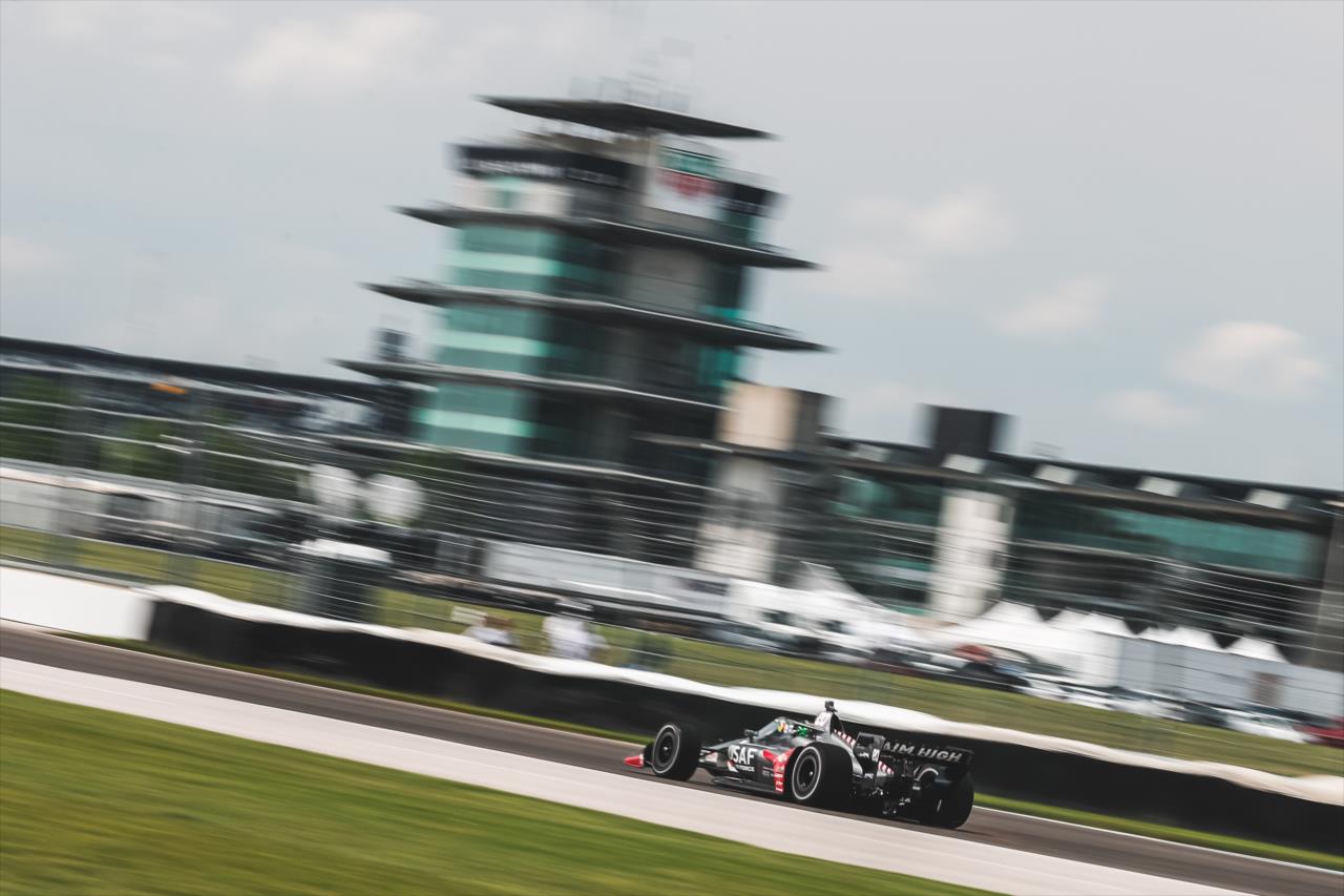 Conor Daly streaks down the Hulman Boulevard backstretch during practice for the GMR Grand Prix on the Indianapolis Motor Speedway Road Course -- Photo by: Joe Skibinski
