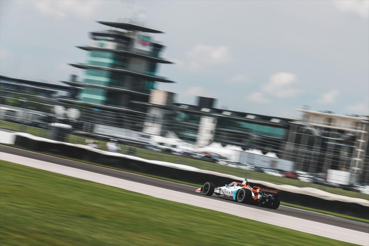Colton Herta streaks down the Hulman Boulevard backstretch during practice for the GMR Grand Prix on the Indianapolis Motor Speedway Road Course -- Photo by: Joe Skibinski