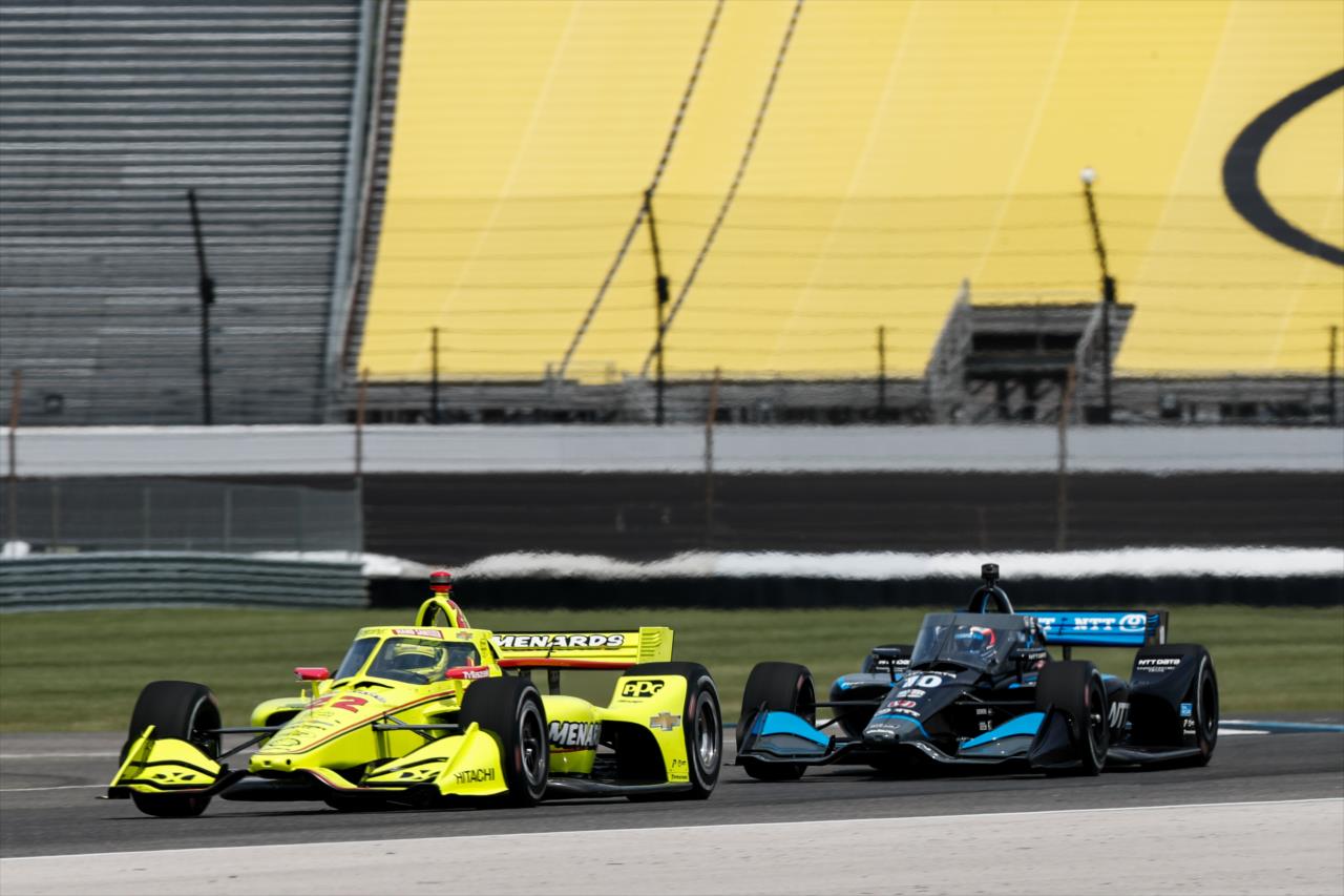 Simon Pagenaud and Felix Rosenqvist shoot through the Turn 5-6 esses during practice for the GMR Grand Prix on the Indianapolis Motor Speedway Road Course -- Photo by: Joe Skibinski