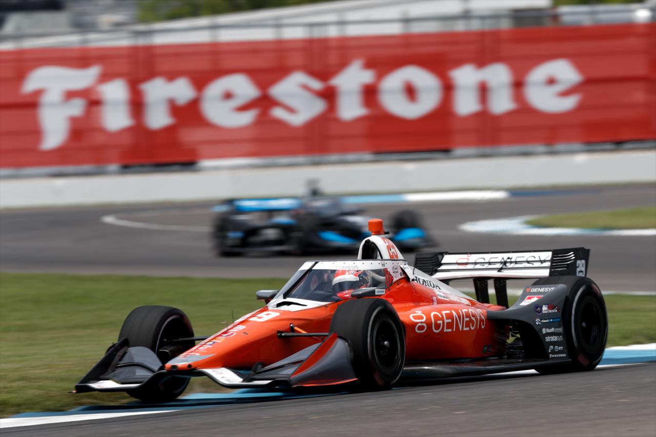 James Hinchcliffe races through the backstretch esses section (Turns 8-10) during practice for the GMR Grand Prix on the Indianapolis Motor Speedway Road Course -- Photo by: Joe Skibinski