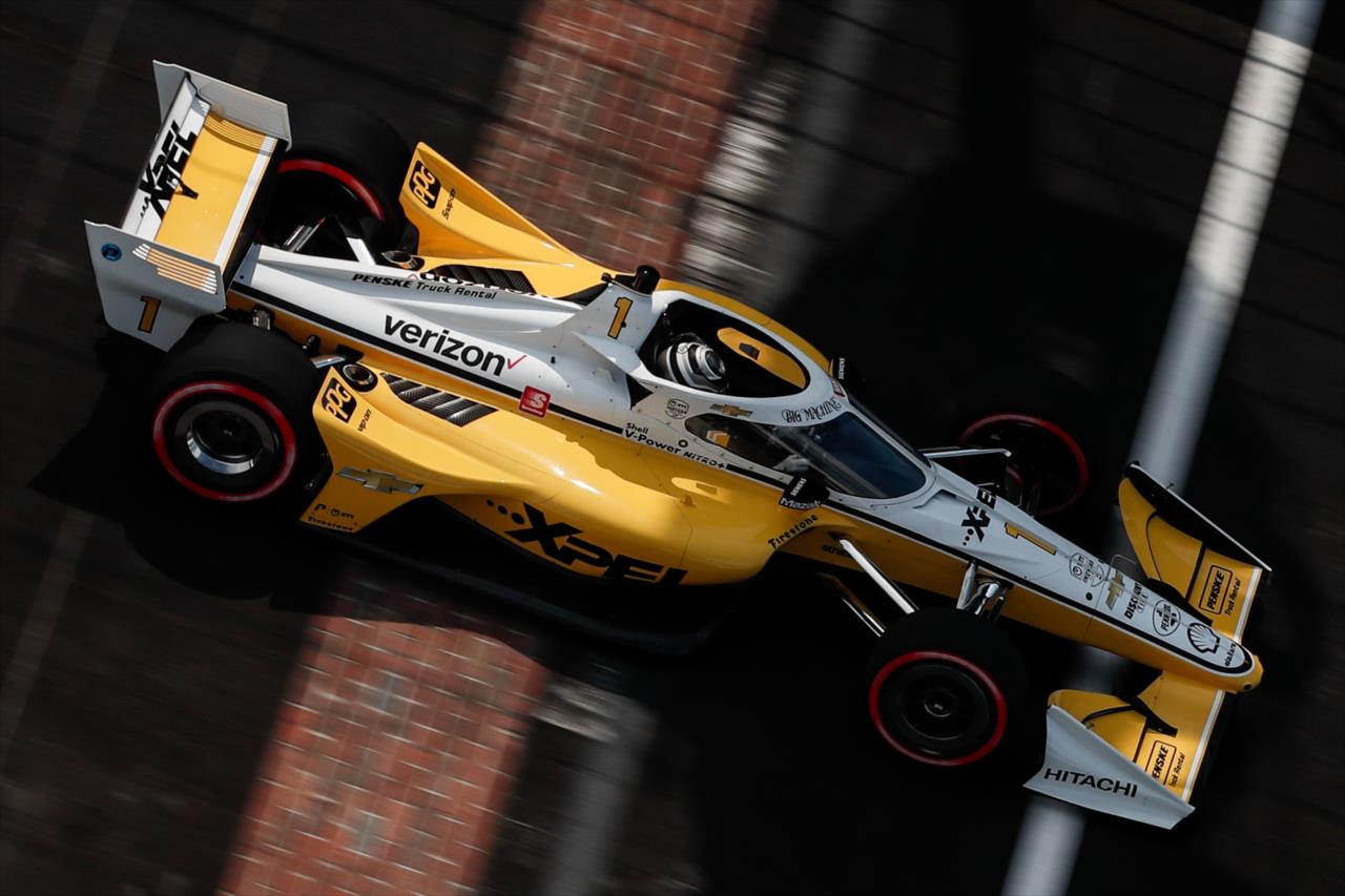 Josef Newgarden streaks across the yard of bricks during qualifications for the GMR Grand Prix on the Indianapolis Motor Speedway Road Course -- Photo by: Joe Skibinski