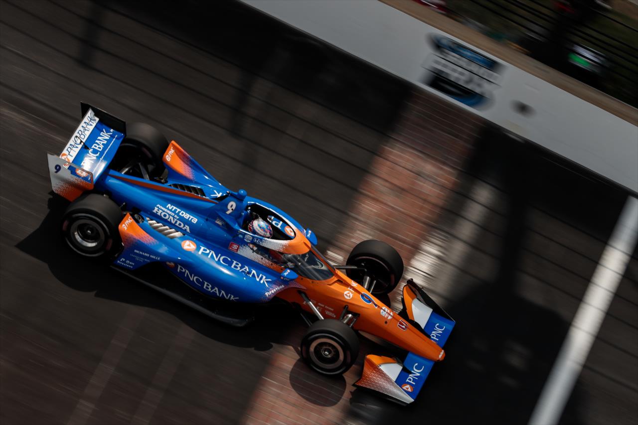 Scott Dixon streaks across the yard of bricks during qualifications for the GMR Grand Prix on the Indianapolis Motor Speedway Road Course -- Photo by: Joe Skibinski