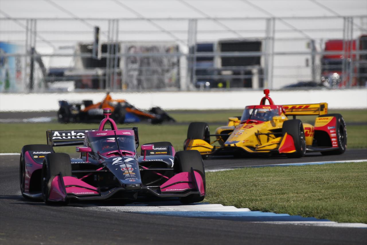 Alexander Rossi and Ryan Hunter-Reay sail through Turn 9 during the final warmup for the 2020 GMR Grand Prix at the Indianapolis Motor Speedway -- Photo by: Chris Jones