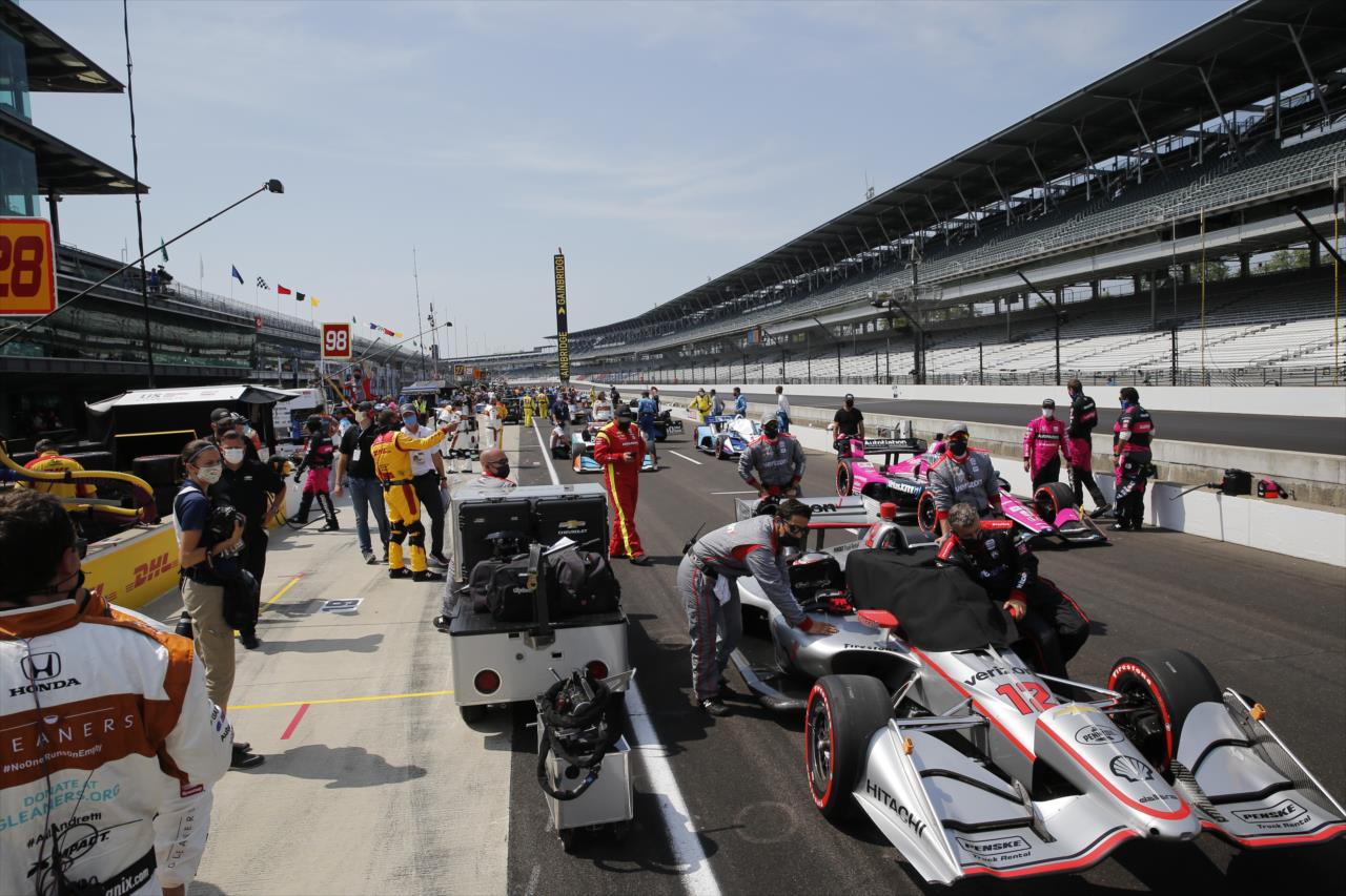 The machines of Will Power and Jack Harvey head the grid prior to the start of the 2020 GMR Grand Prix at the Indianapolis Motor Speedway -- Photo by: Chris Jones