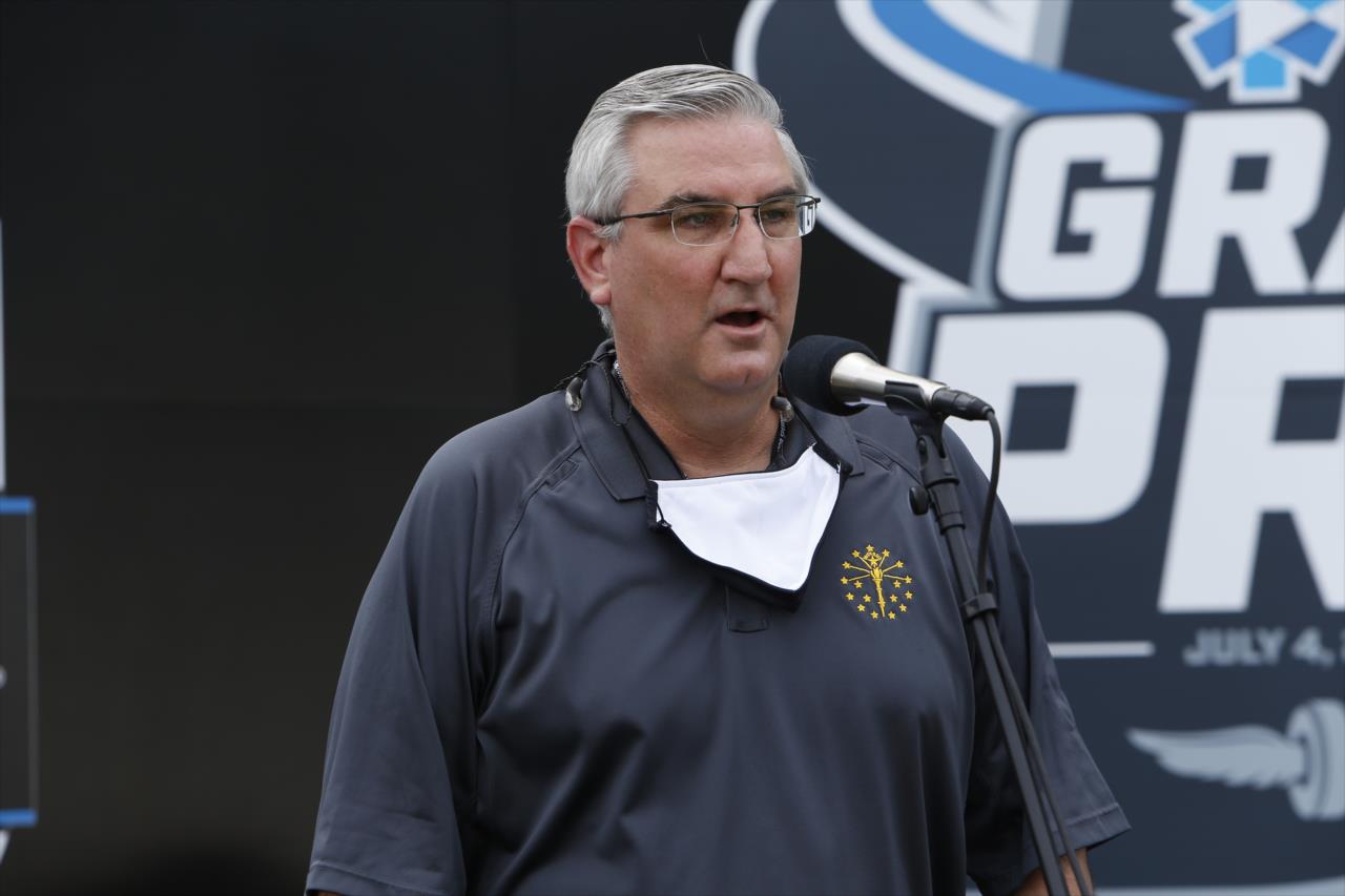 Indiana Governor Eric Holcomb gives the command to start engines for the 2020 GMR Grand Prix at the Indianapolis Motor Speedway -- Photo by: Chris Jones