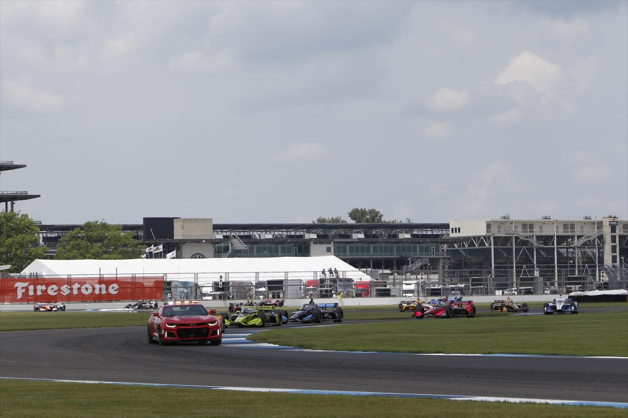 The field packs up behind the pace car during a caution period in the 2020 GMR Grand Prix at the Indianapolis Motor Speedway -- Photo by: Chris Jones