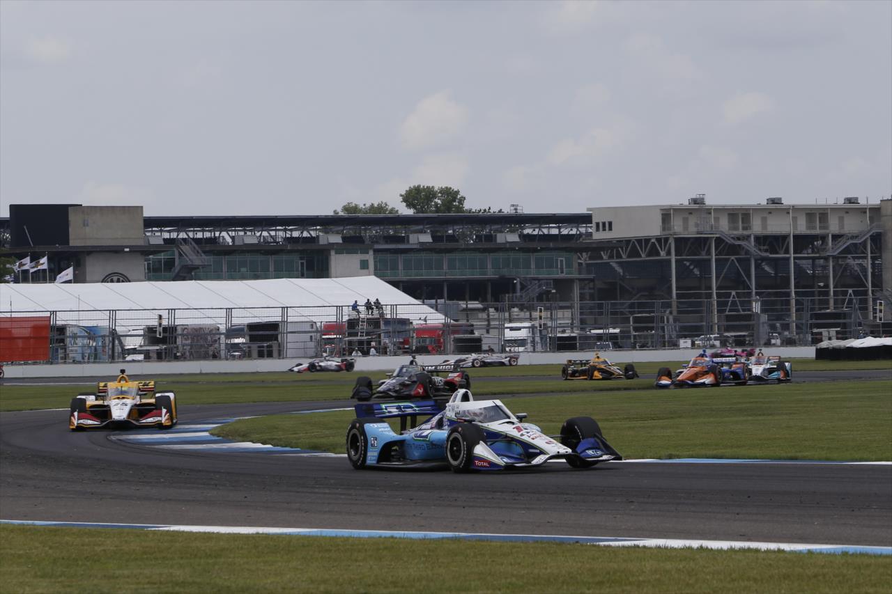 Graham Rahal leads a group through the backstretch esses (Turns 8-10) during the 2020 GMR Grand Prix at the Indianapolis Motor Speedway -- Photo by: Chris Jones
