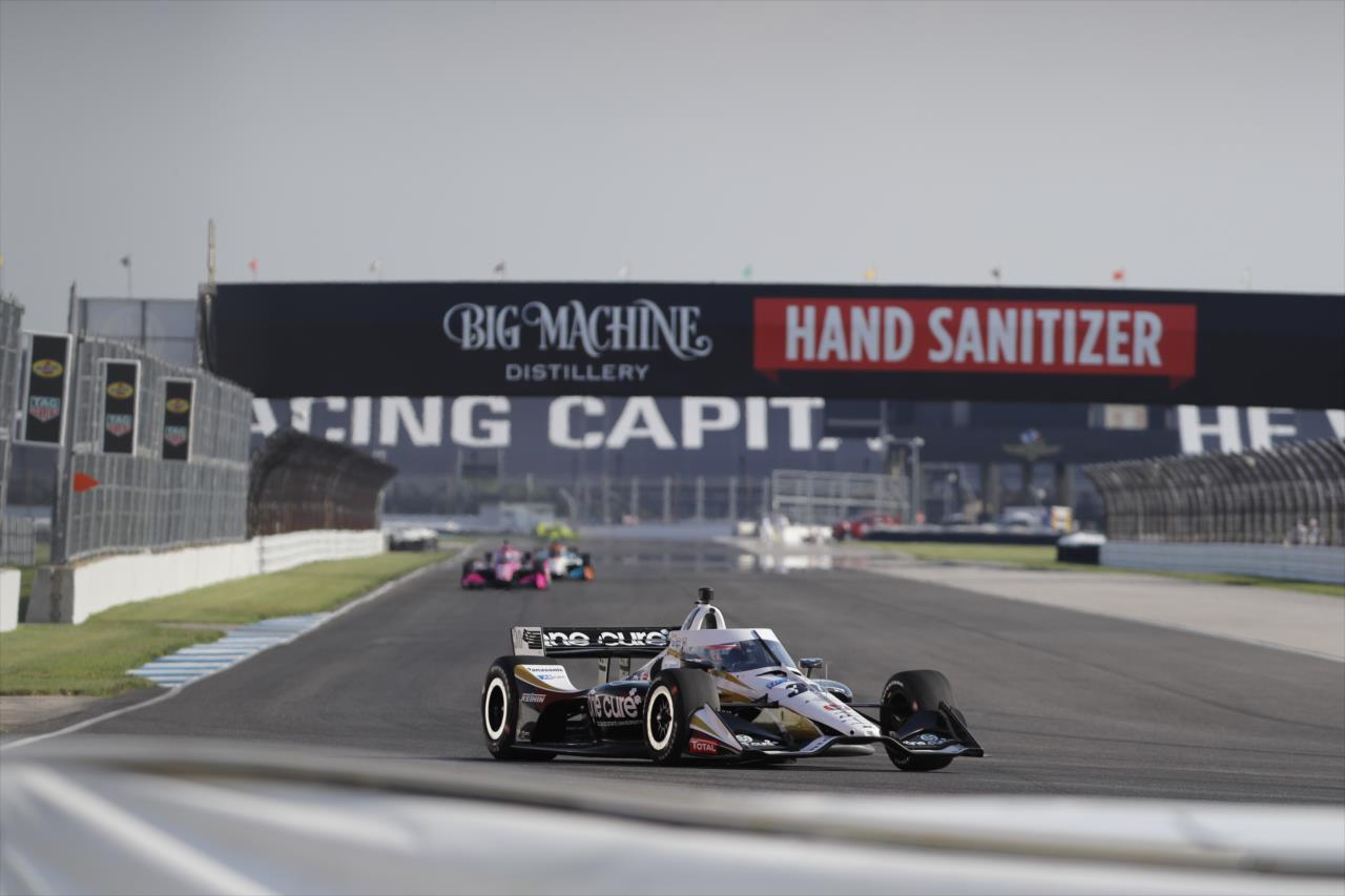 Takuma Sato starts his entrance into Turn 7 during the final warmup for the 2020 GMR Grand Prix at the Indianapolis Motor Speedway -- Photo by: Chris Jones