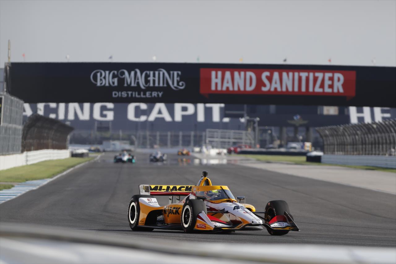 Spencer Pigot starts his entrance into Turn 7 during the final warmup for the 2020 GMR Grand Prix at the Indianapolis Motor Speedway -- Photo by: Chris Jones
