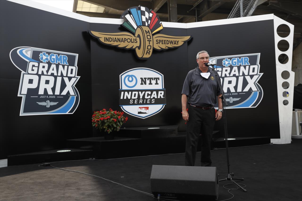Indiana Governor Eric Holcomb gives the command to start engines during pre-race festivities for the 2020 GMR Grand Prix at the Indianapolis Motor Speedway -- Photo by: Chris Jones